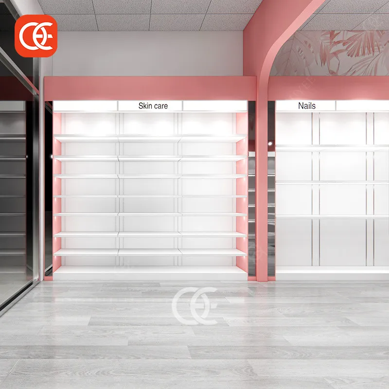 Pink Cosmetic Store Design Beauty Hair Products Display Shelves For Retail Store With Light Beauty Supply