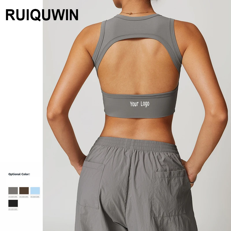 RUIQUWIN Custom Backless Yoga Vest Sexy Sports Fitness  Sports Bra Solid Yoga Workout Gym Clothes Women Short Vest