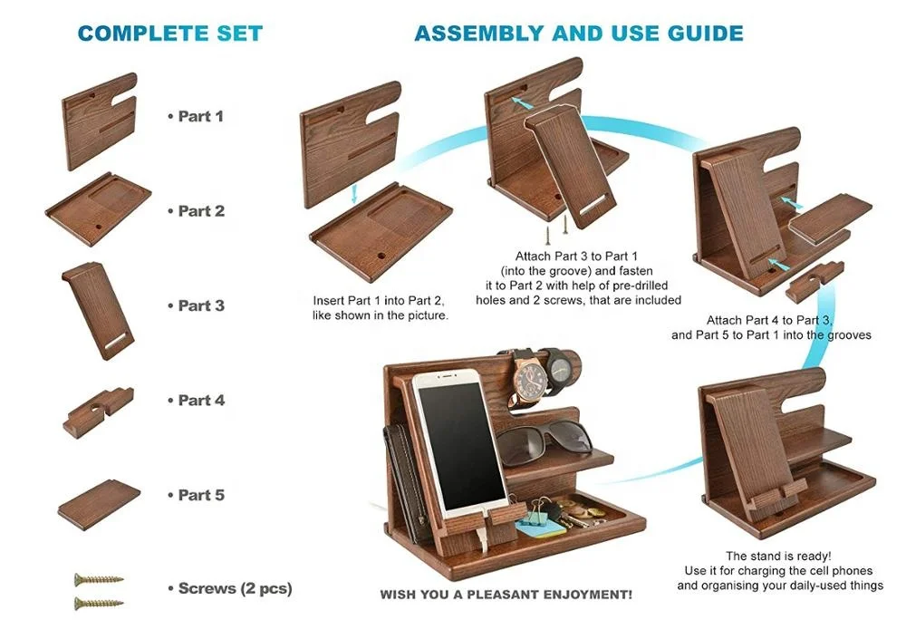 Wood Phone Docking Station for Key Holder Wallet Stand Watch Organizer