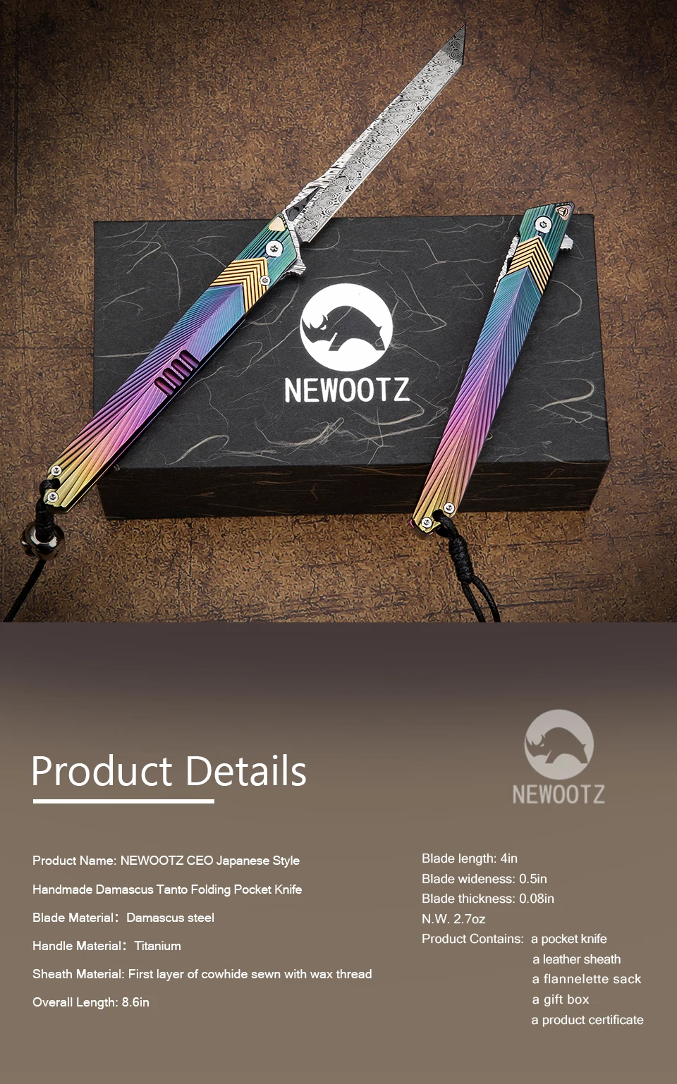 Premium Sweden Powder Damascus Steel Slim Pen Tanto Point TC4 Titanium Alloy Handle Pocket Knife with Clip And Leather Sheath