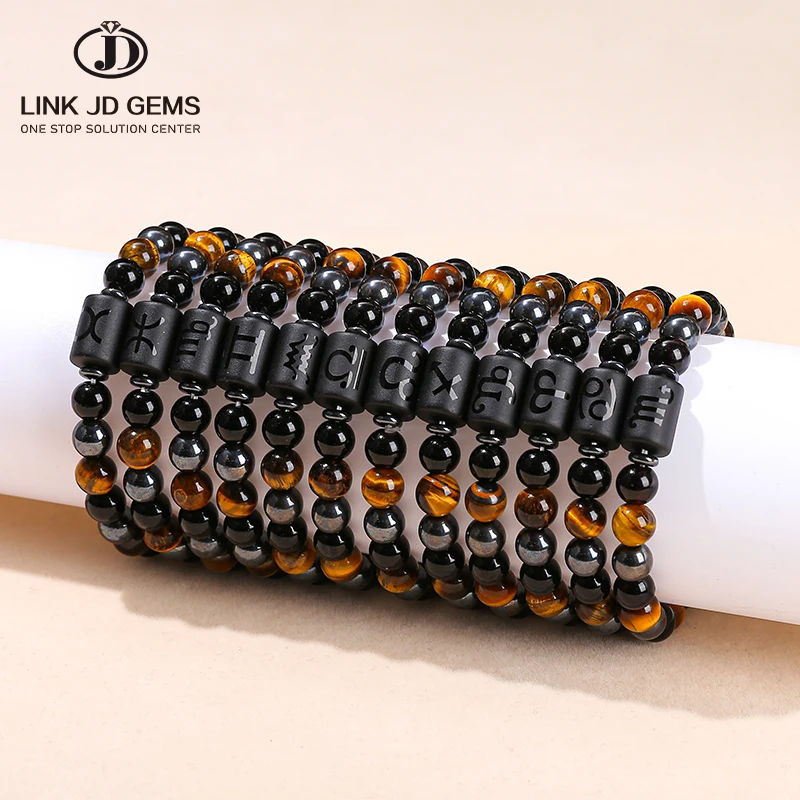 JD GEMS Double-Side Twelve Constellations Zodiac 3A Natural Yellow Tiger Eye Black Obsidian Hematite Stone Bead Elastic Bracelet