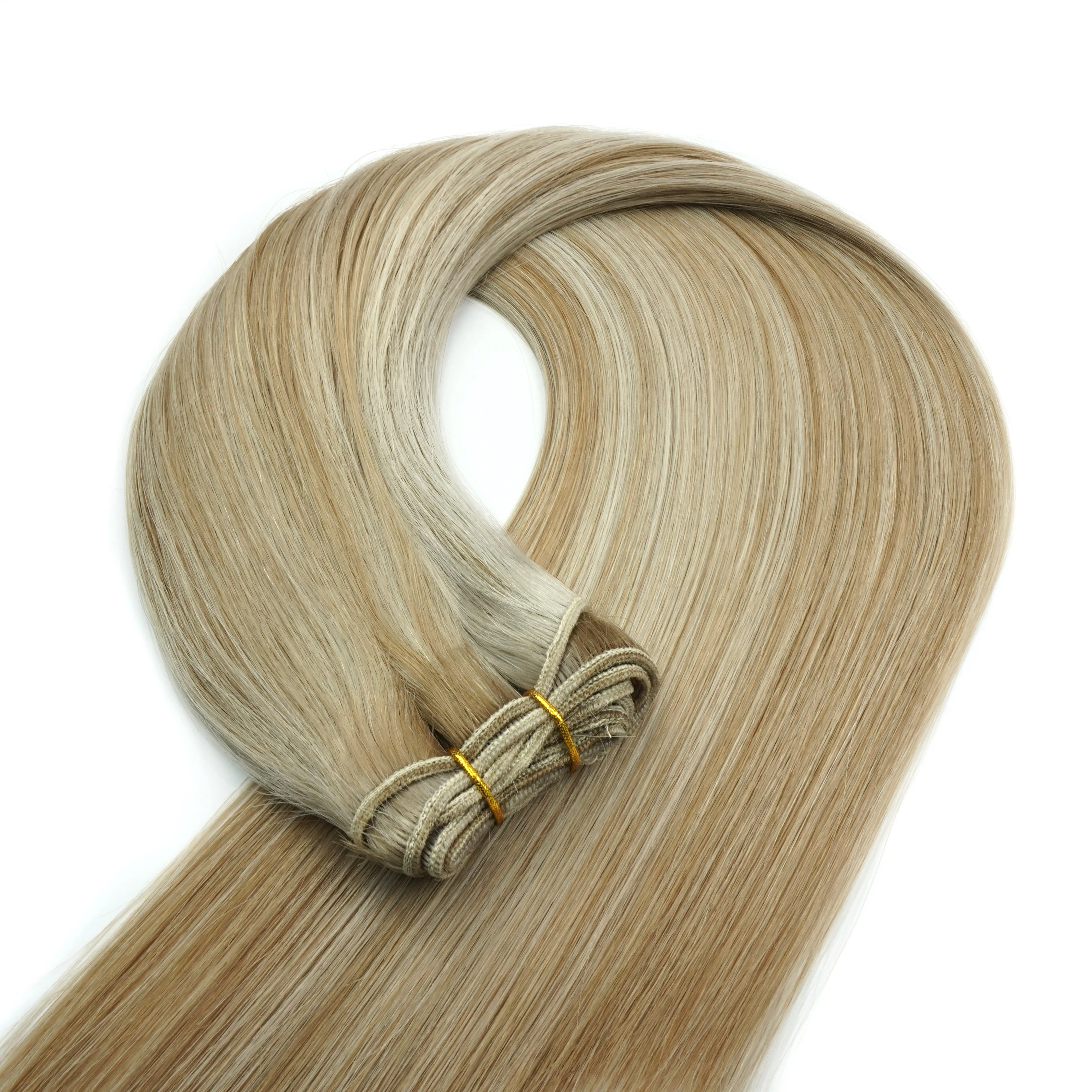 Ethically sourced 100% European human hair extensions cuticle double drawn boutique salon free sample smooth machine tied weft