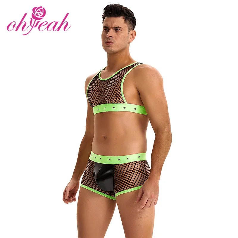 New arrival fashion mens lingerie fishnet cropped tank top briefs rivet adult dance costume shorts sexy outfit lingerie for men