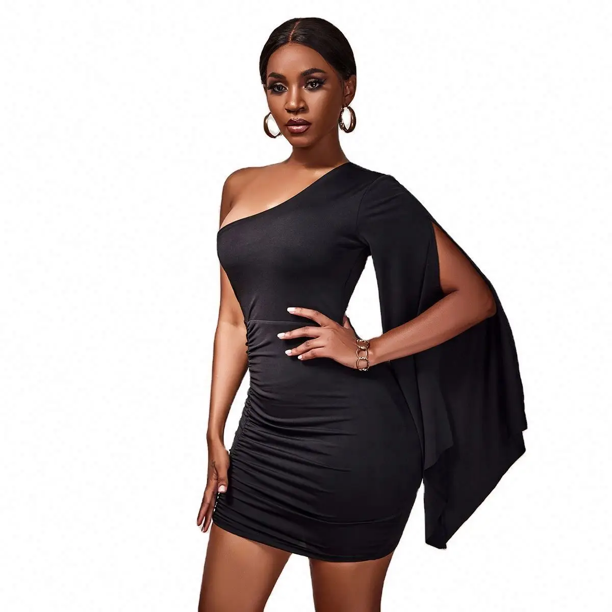 In wholesale Autumn women sexy diagonal shoulder irregular single sleeve pleated dress fashion elegant pencil dress