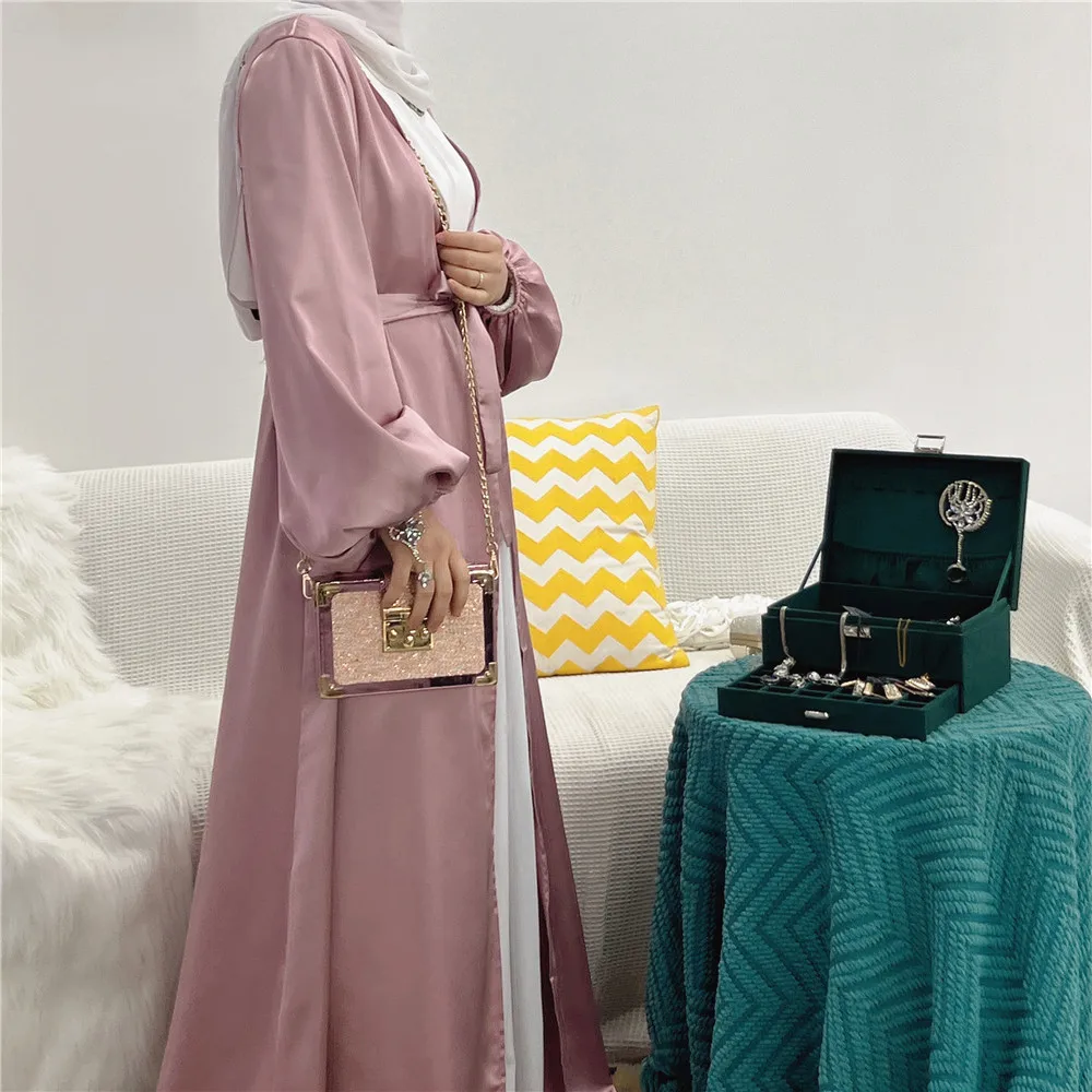 LangChi Fashion Muslim Dress Puff Sleeve Open Cardigan Colorful Elegant Kimono Silky Satin Abaya