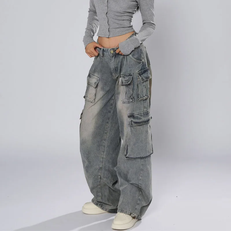 Bufa 2024 Trends Cargo Jeans Vintage Wash Functional Pockets Baggy Fit Low rise Jeans Women
