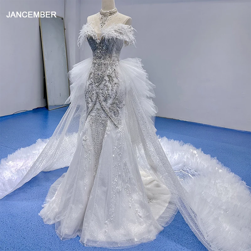 Feathers Illusion Mermaid Wedding Dresses Off the shoulders Bridal Gowns Custom Made Flowers Beaded XS035-2