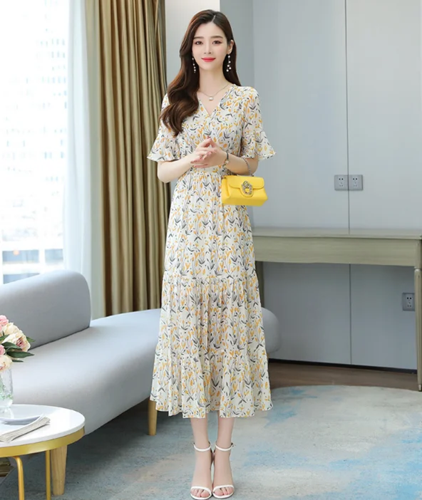 
2021 temperament long dress slim-fit slimming chiffon dress Korean style new summer floral dress 