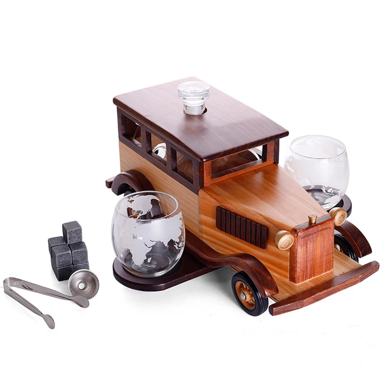 Amazon Hot Selling Old fashioned Vintage car Liquor Whiskey Decanter with Two Globle Tumbler Glass cup set