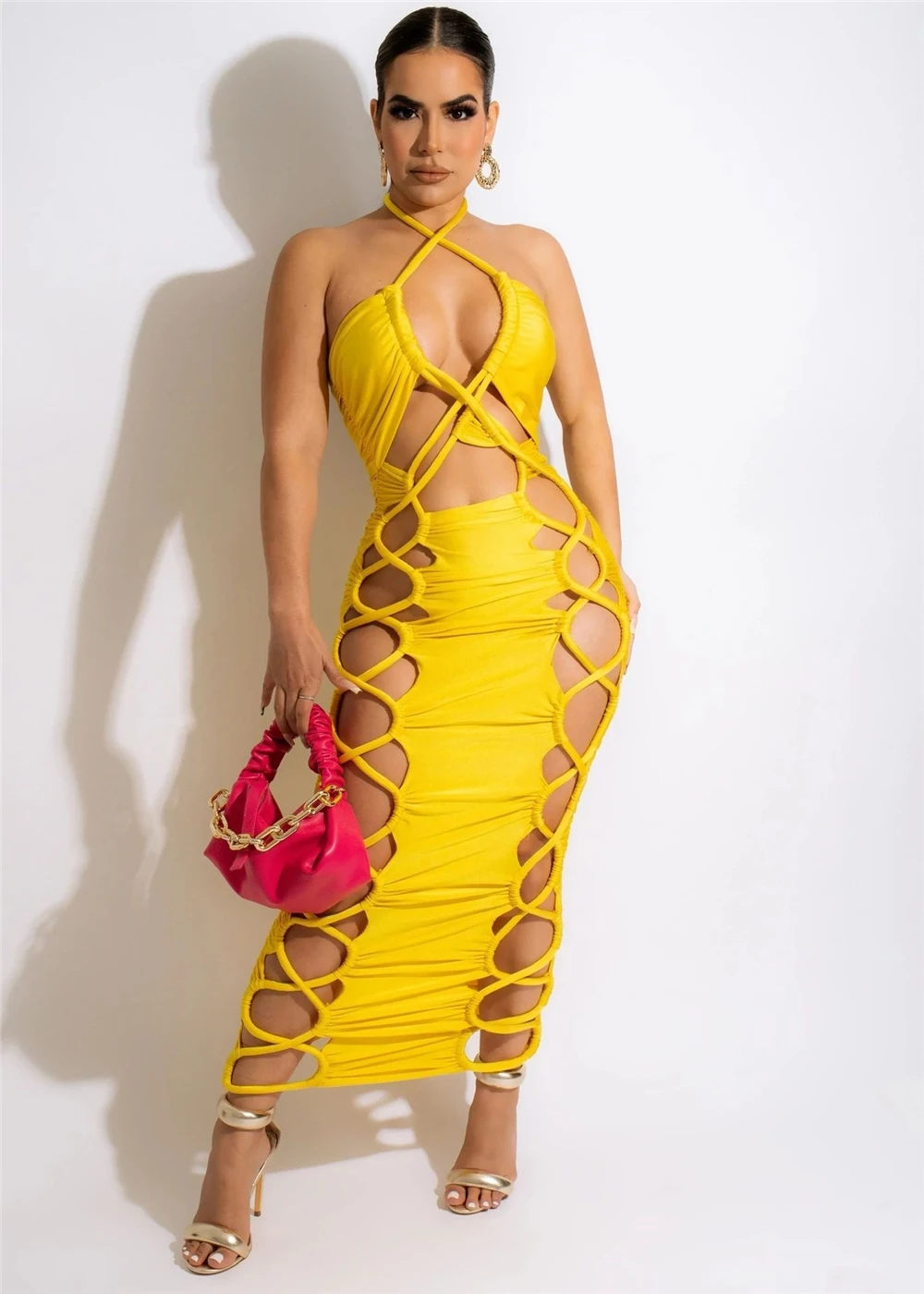 MD-2022060917    Cut Out women outfits sexy sleeveless halter stacked drawstring bandage plus size women dress
