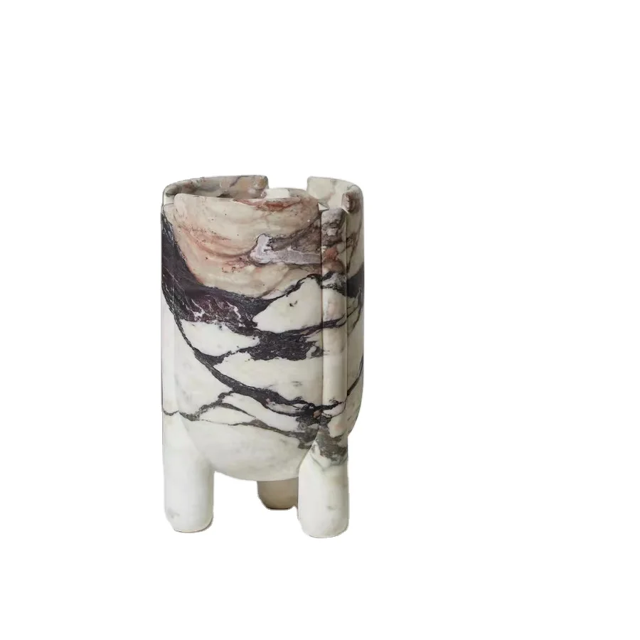 Italy Viola Calacatta Marble Decorative Flora Table Vase Low