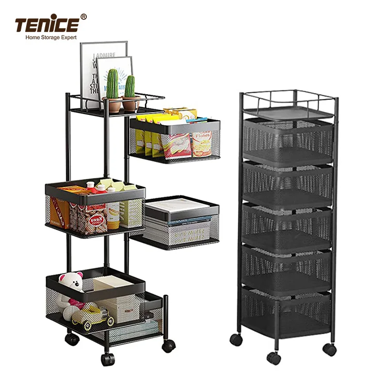 Tenice Rotating Multi-Layer Kitchen Rack Storage, 5 tier Square Storage Shelf with Wheels, Fruit Vegetable Storage Basket