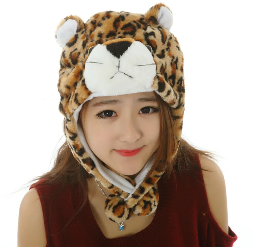 Custom Logo Plush Warm Winter Beanie Cap Kids Adult Cute Fun Animal Tiger Hat White