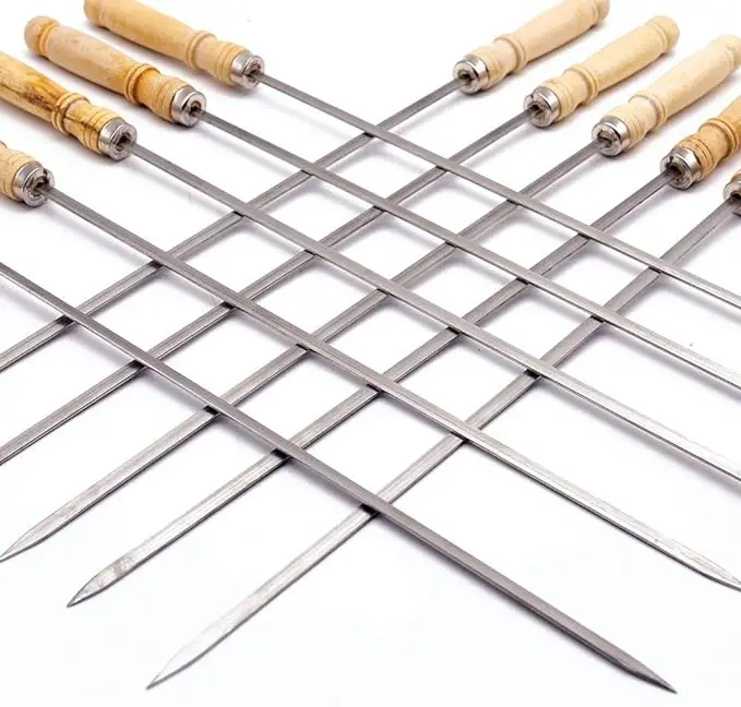 Mydays Outdoor BBQ Grills Flat Barbecue Metal Stainless Steel Kebab Skewers With Long Handle For Camping Picnic