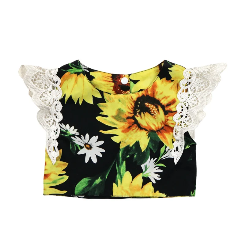New Summer Korean Style Baby Tops Kids Clothing Polyester Cotton Toddler Girls Black with Sunflower Shirts