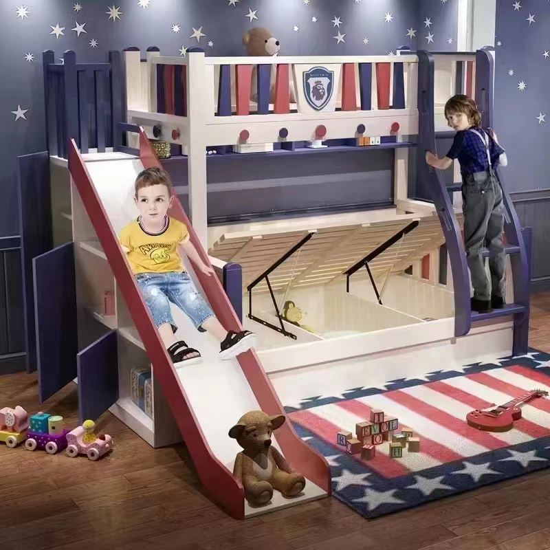 Children Bedroom Blue Boys Wood Bunk Beds Frame Twin Over Twin Size with Ladder