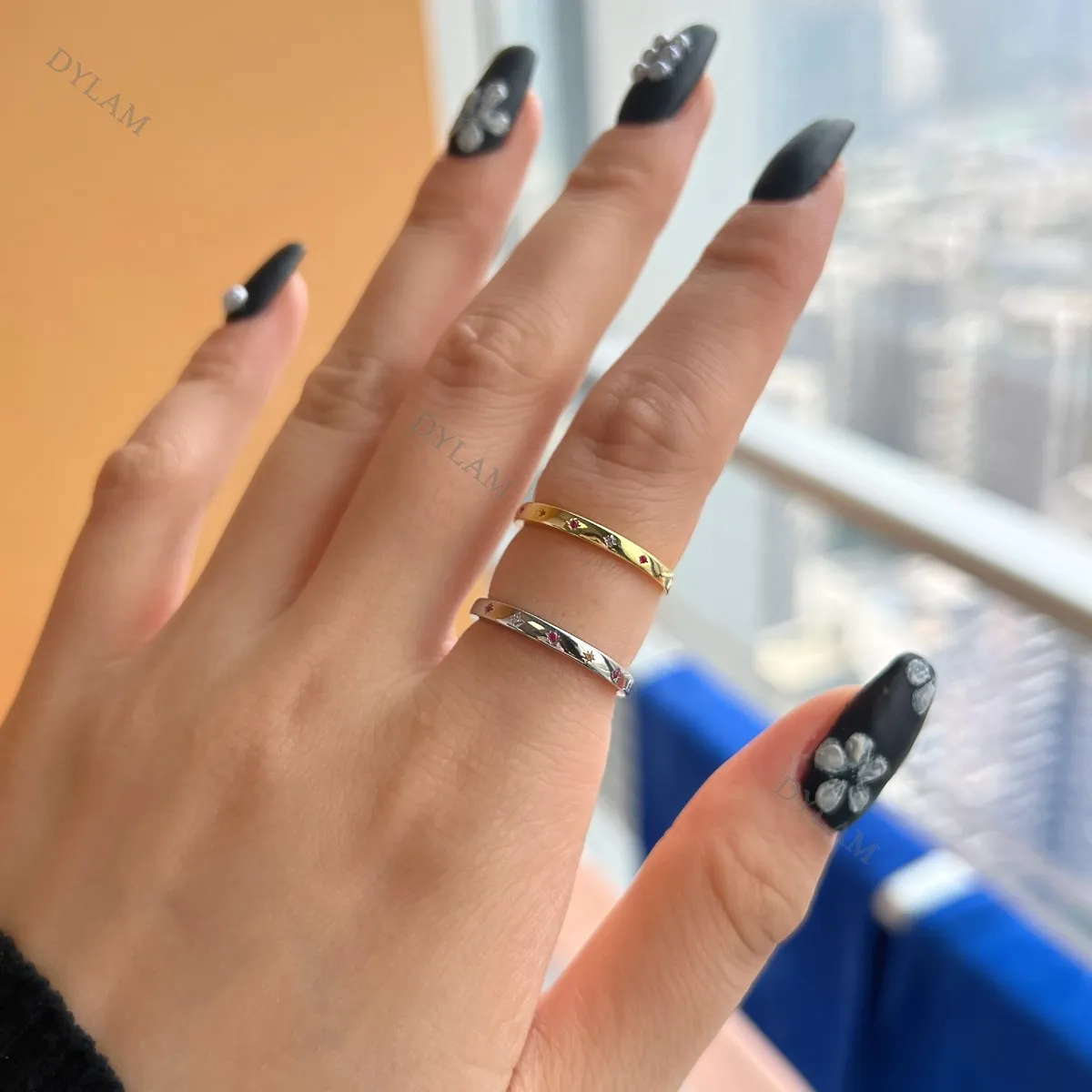 Dylam Classic Full Color Zircon 18k Gold Plated Cubic Zirconia Inlayed Colorful Star Shiny Dome Statement Fine Rings Girls