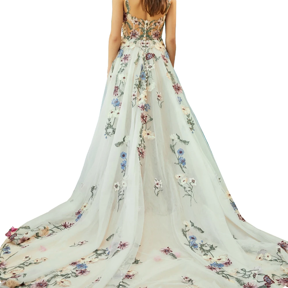Gorgeous Bridgerton Inspired Illusion Bodice Garden Bridal Gown Boho Sweetheart Flirty Straps Embroidered Flower Wedding Dress