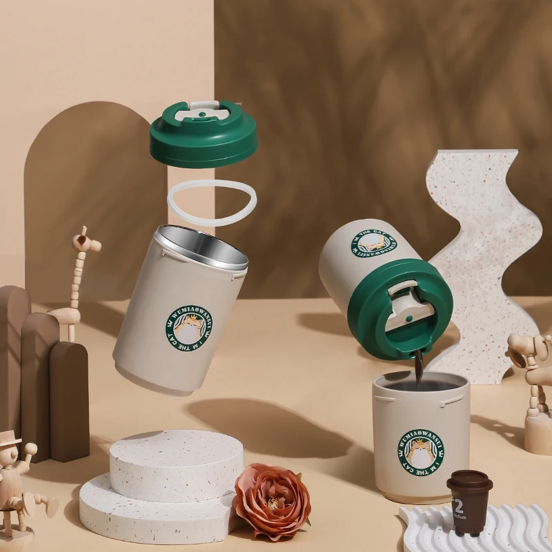 Custom stainless steel 304 safety pp fantastic designed drinking way store office cute cat iced coffee cups with lids