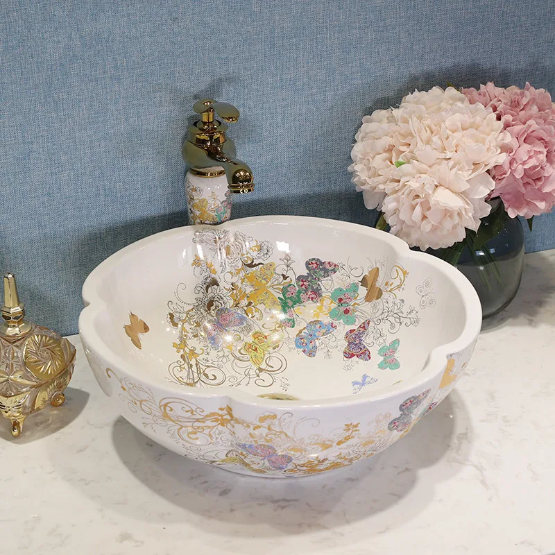Flower Shape Butterfly Garden Pink Ceramic Vessel Sink with Gold Accents for a Touch of Luxury in Your Bathroom basin sinks