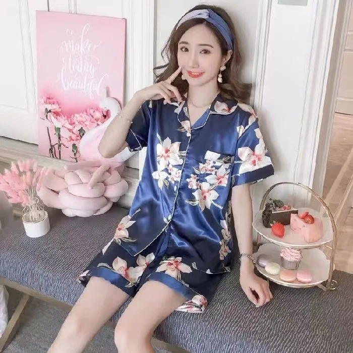 Ice Silk Satin Summer 2 PCS Pajamas Set Women Short Sleeve Fashion Hot Women Sleepwear For Home Outdoor Wear