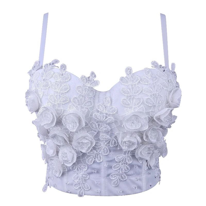 Stereoscopic Flowers Decorated Corset Bustier with Beading Black White Stylish Bustier for Live Stream and Festival