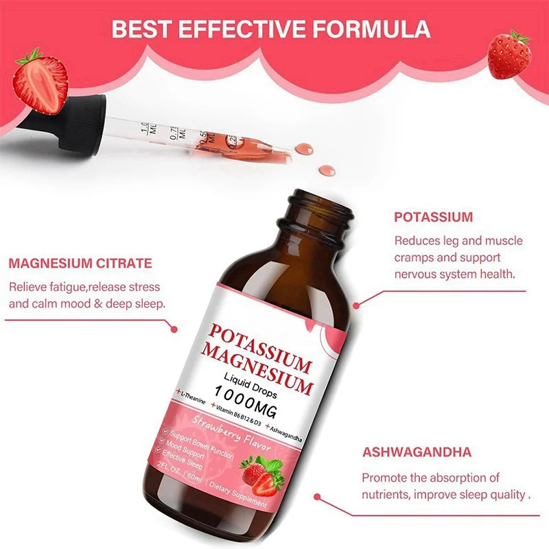Hot Selling Supplement Potassium Magnesium Drops and Strawberry Flavored Drops for Calm Bone Muscle Immune Health
