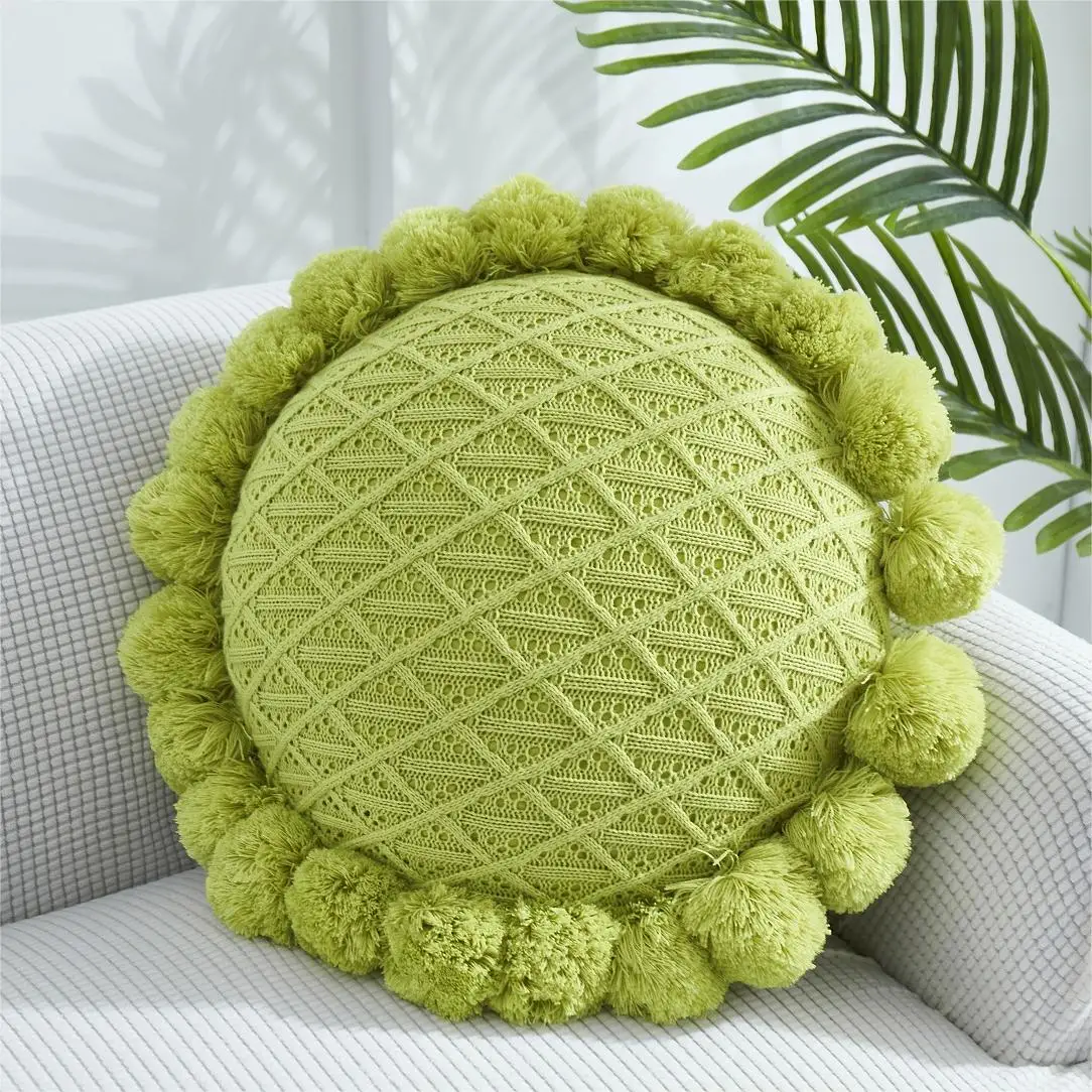 Home Decor Green Sunflower handmade tassels Knitted Pillow with Insert