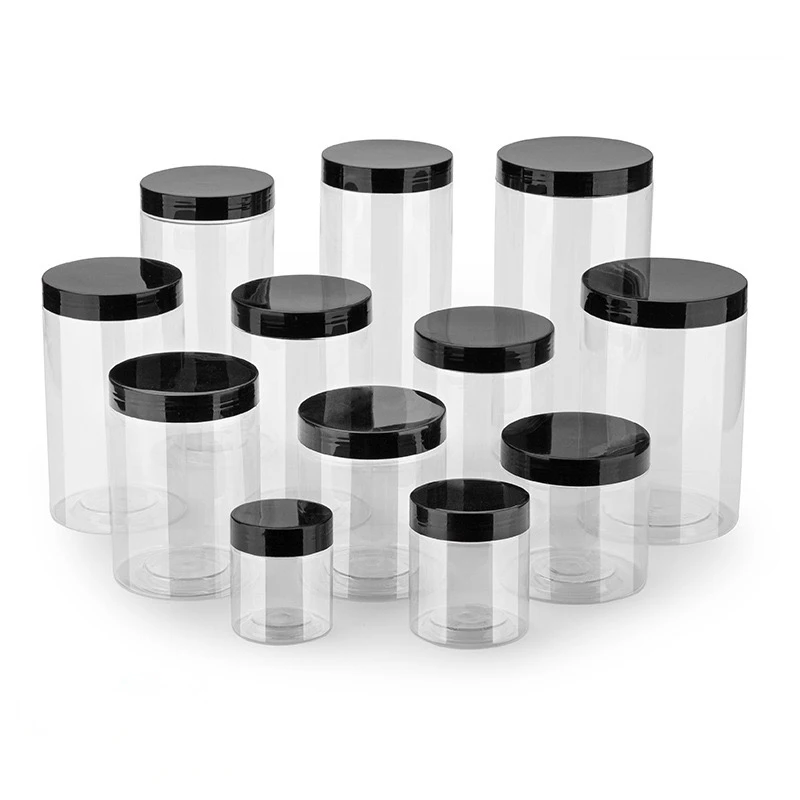 В наличии пластиковые банки для еды с широким горлком прозрачные домашних животных крышкой 50-1000 мл