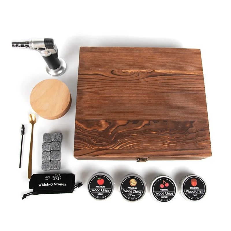 Luxury Wooden Cocktail Smoker Kit Creative Rotating Glass Handmade Cocktail Chimney Smoker With Wood Chips Whiskey Smoker Set