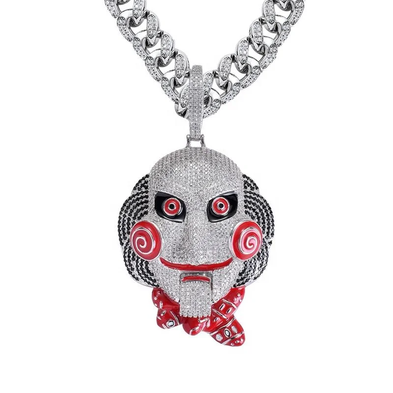 Real Gold Plating Brass With Bling Zircon Hip Hop Mouth Movable Chainsaw Fright Doll Pendant Necklace