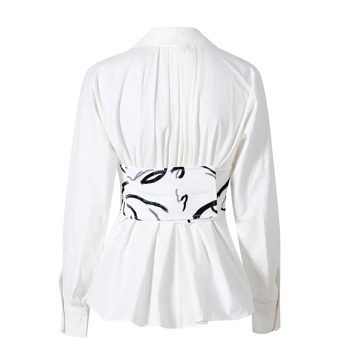 Two Piece Set Women Blouse Corset Shirt Black Printed Pattern Corset Attached White Blouse Full Short Adults High Street Support
