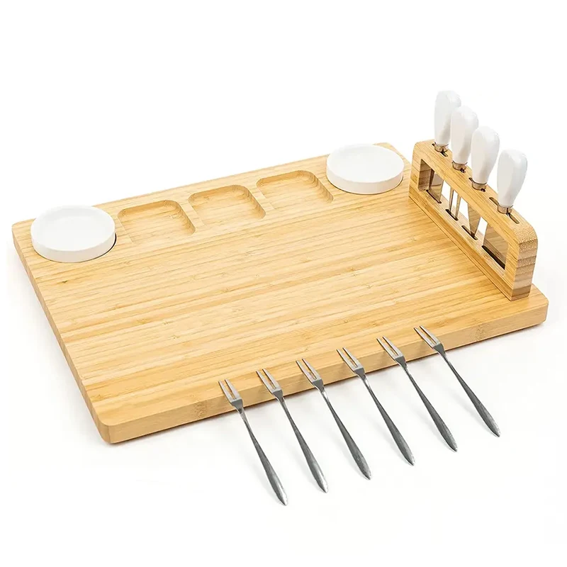 Large Bamboo Cheese Board and Cutlery Set: Charcuterie Board Set, Cheese Tray Platter. Gifts for Family and Friends