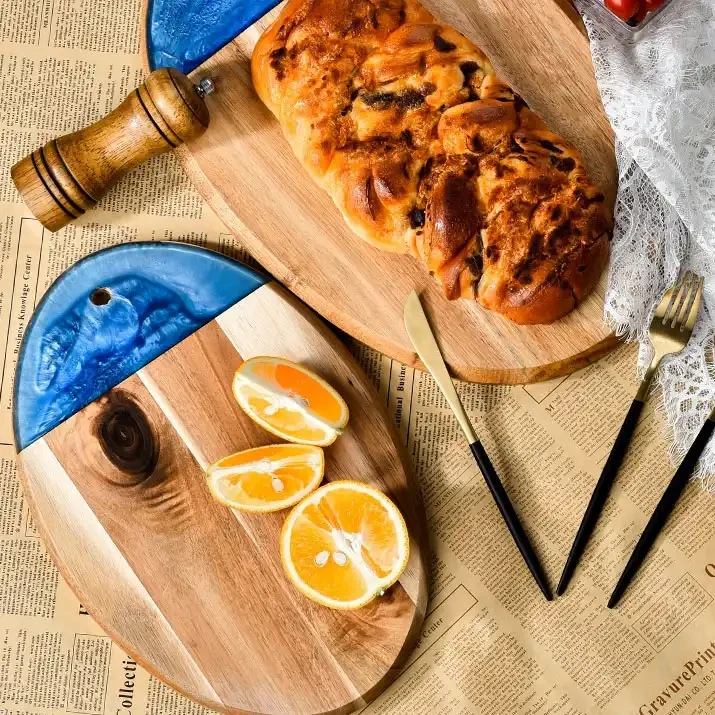 Blue Resin Cutting Board Acacia Wood Chopping Board Customizable Wood + Resin Oval Butcher Board for Kitchen Gift