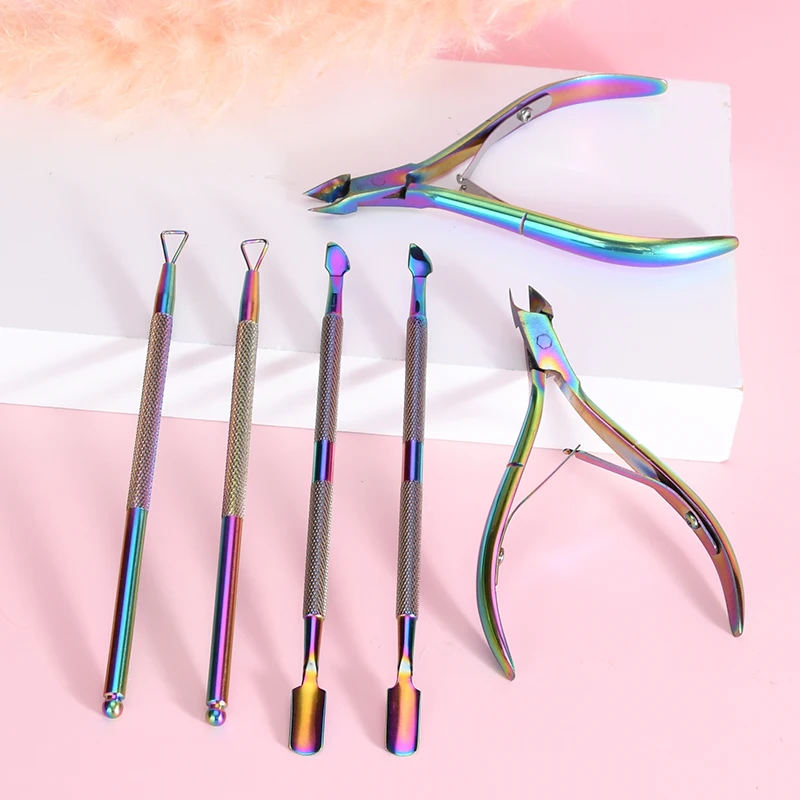 
3pcs manicure pedicure set colorful Titanium nail cuticle nipper stainless steel nippers with pusher armor remover 