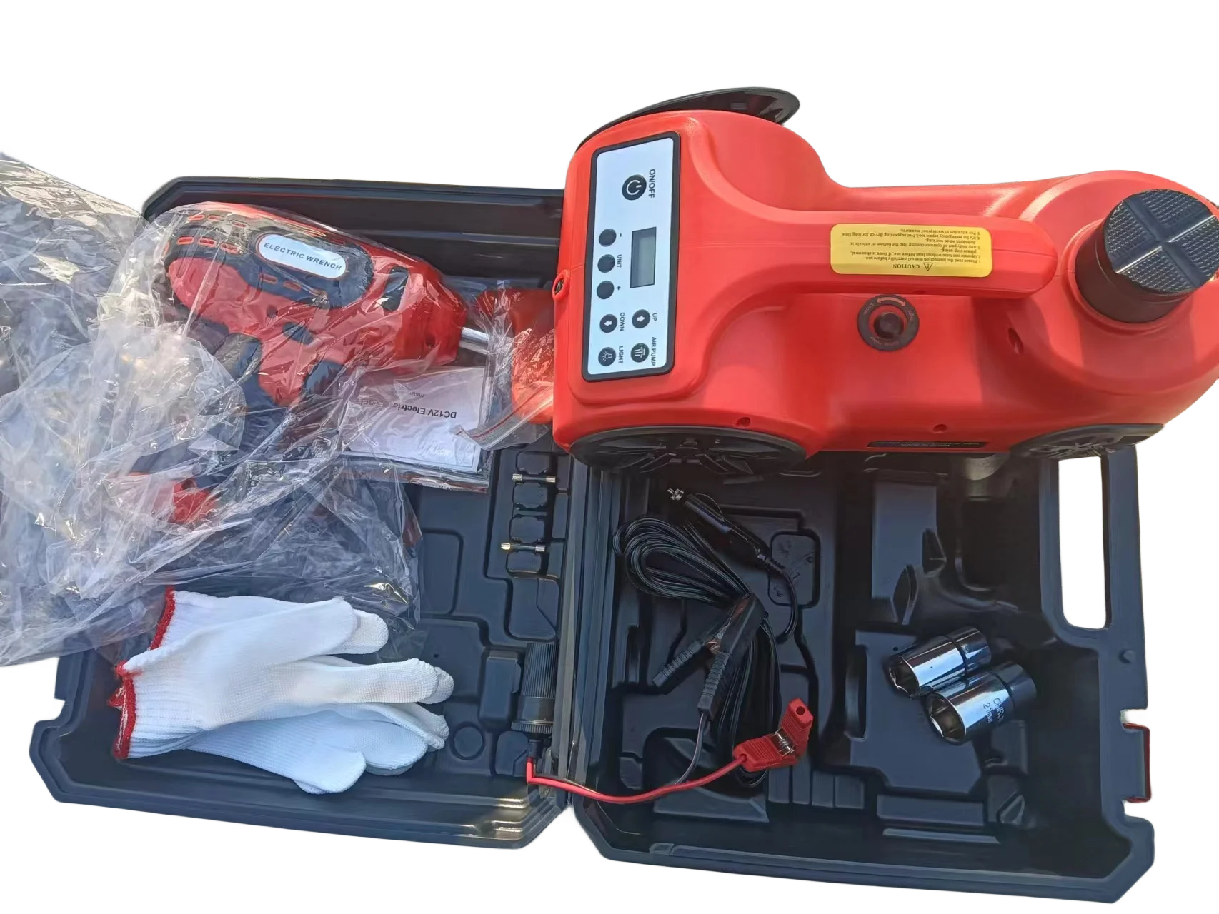 Hydraulic jack, electric wrench, inflation pump set