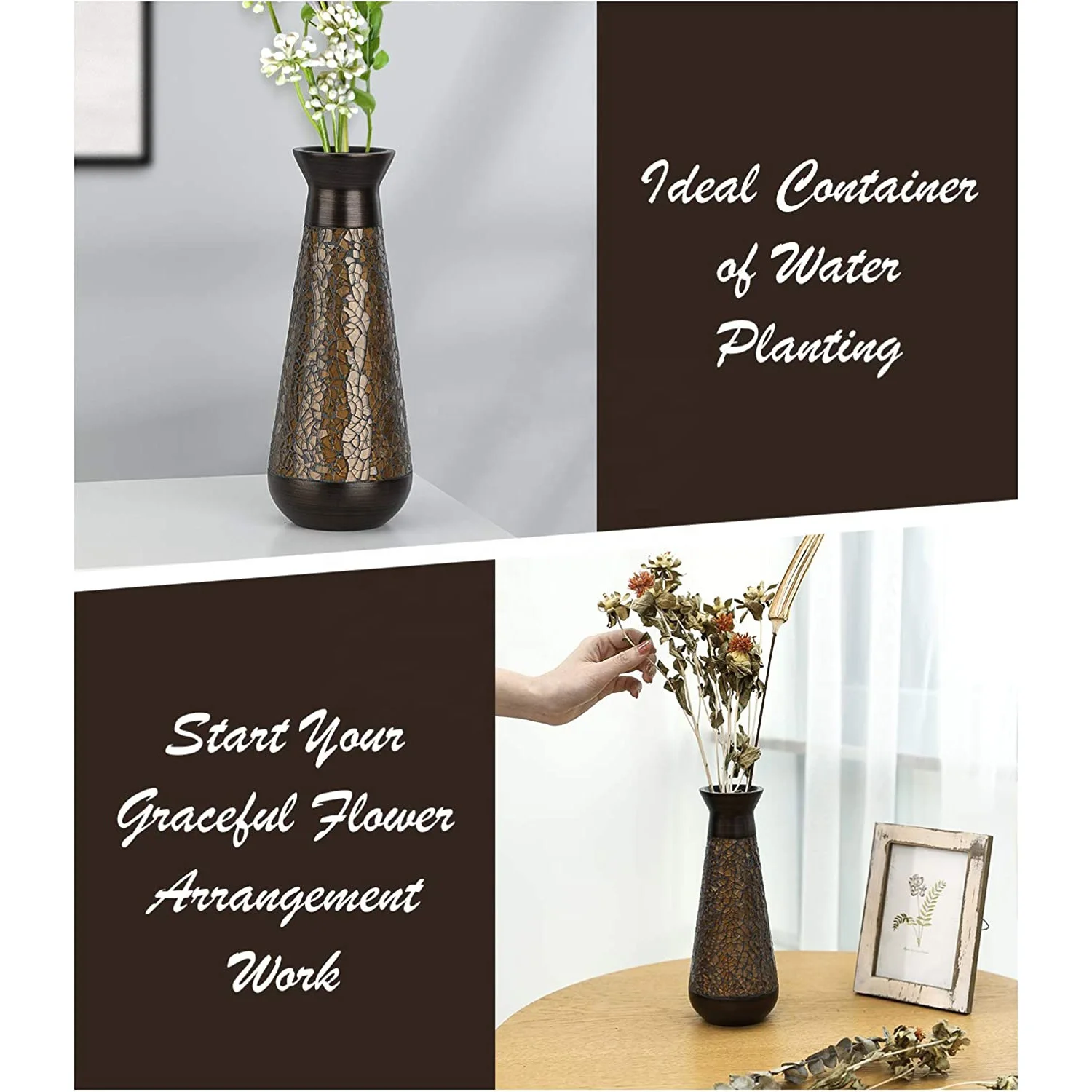 Custom Mosaic Design Decorative Vase Modern Elegant Curved Shaped Office Desktop Living Room Brown Mosaic Resin Vase Flower Vase
