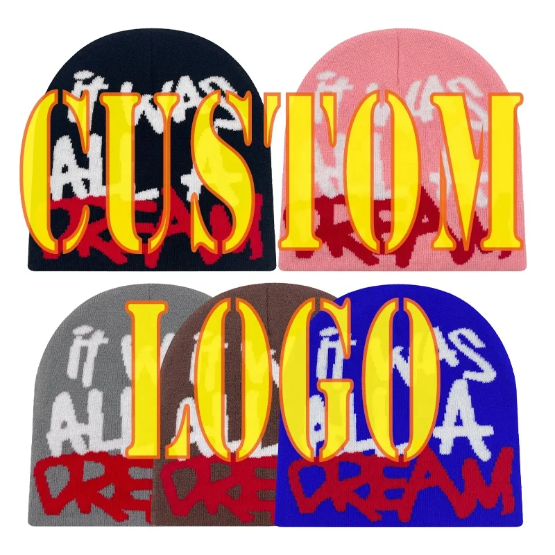Manufacture Full Custom Winter Streetwear Jacquard Hats Embroidered Acrylic Knitted Beanies Silk Satin Line Printed