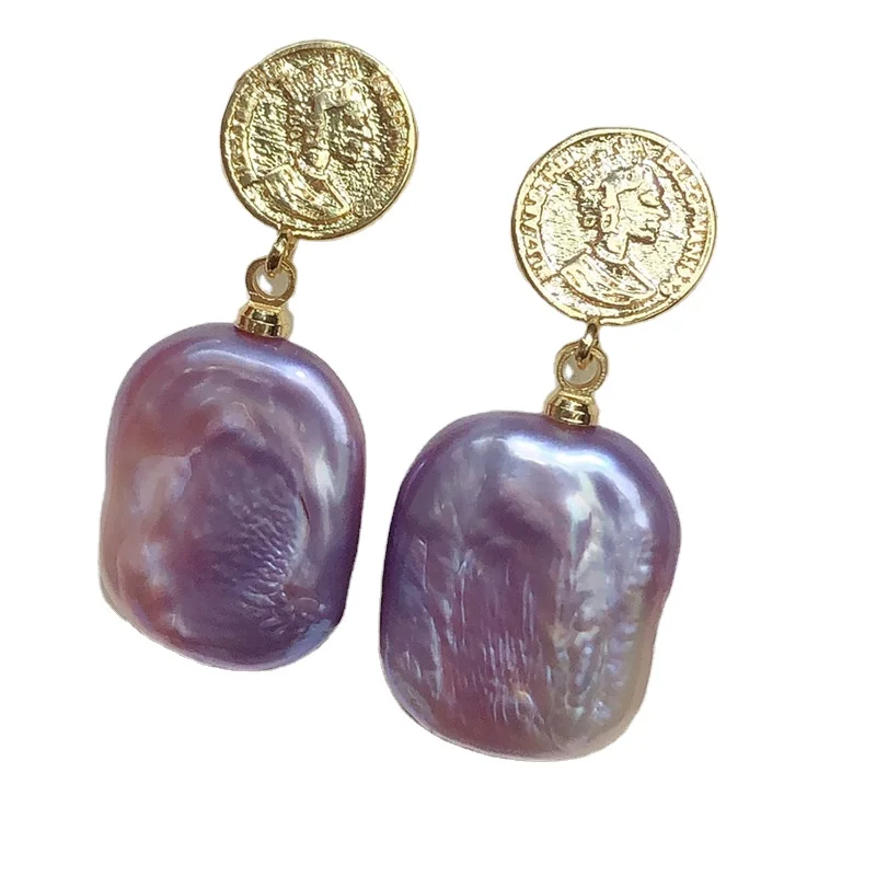 Natural Baroque Fresh Water Purple Pearl Drops Earrings Gold Plated Queen Portrait Coin Elegant Stud Earrings