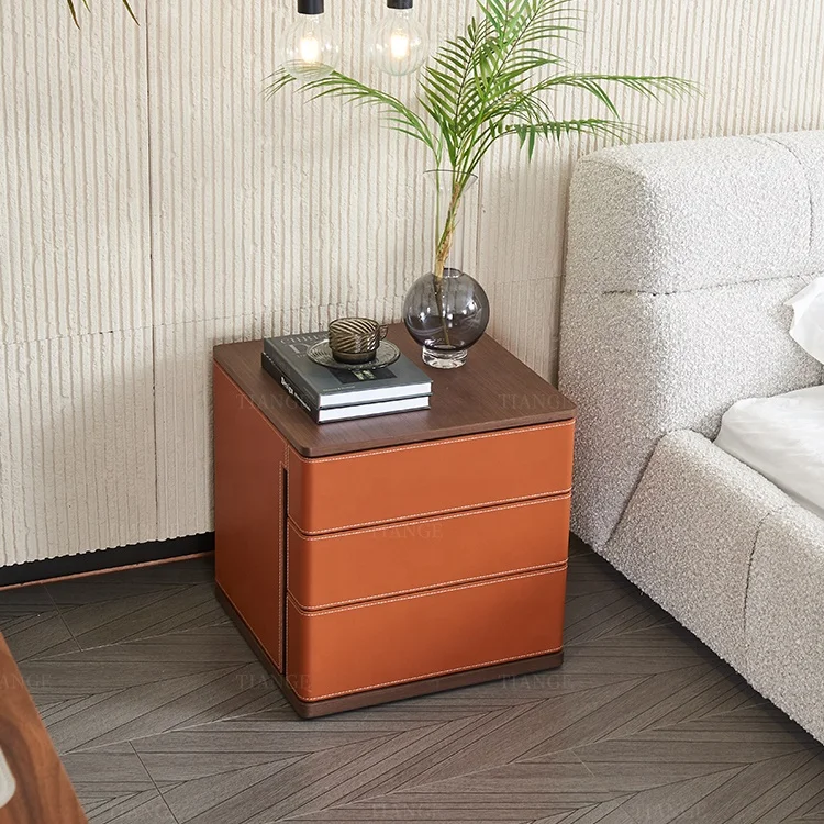 2023 new design Factory direct Nordic 3 drawer Saddle Leather Night Table Hard Leather Bedside Cabinet Luxury bedside table