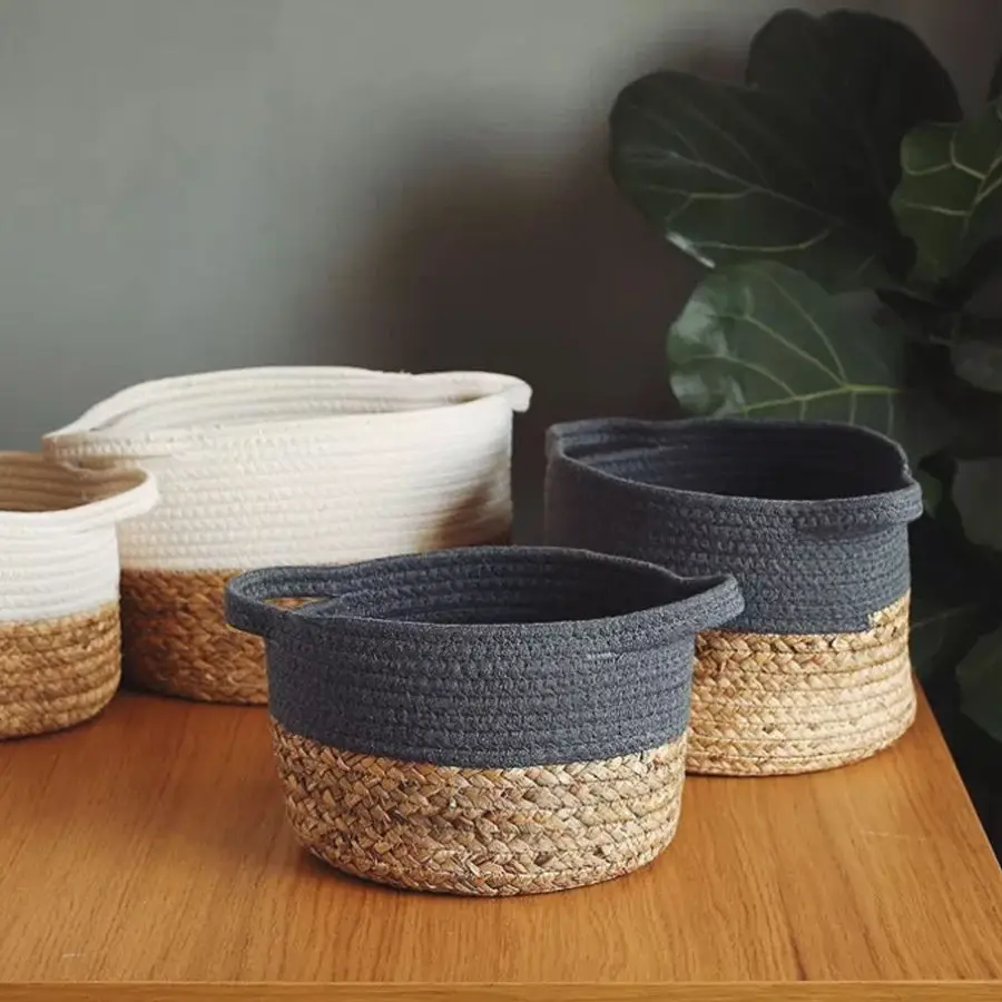 Brown Organic  Collapsible  Water Hyacinth Laundry Basket Straw Handwoven Storage Baskets rope woven storage basket