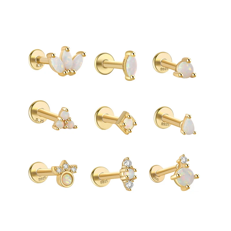INS 925 sterling silver geometric opal zircon Stone piercing stud earrings
