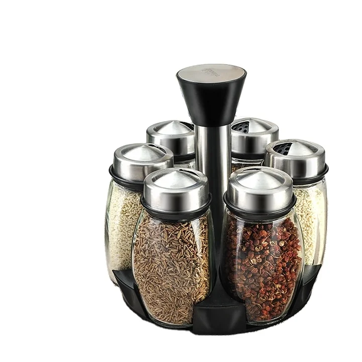 Stainless Steel Rotary  Spice Jar set Glass condiment pot/bottle with spice rack