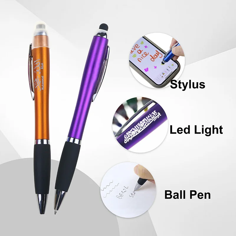 BECOL Hot Selling Advertising Ballpoint Pen Multi-function Led Light Up Pen Plastic Stylus Ball Pen with Custom Logo for Gifts