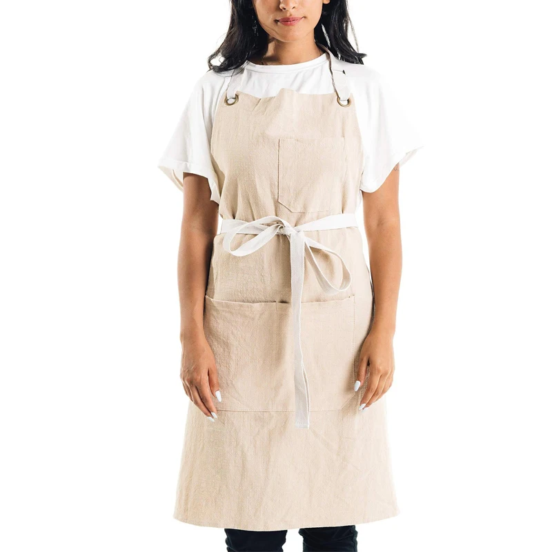 new custom printed customized embroidery logo cotton linen kitchen server apron bib cooking  khaki chef apron