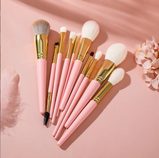 OUMO-- wholesale good quality 10pcs pink XGF goat hair makeup brush set with customer logo