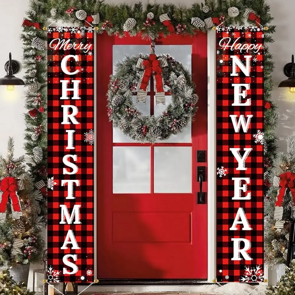 Red and Black Buffalo Lattice Door Banner, Hanging Merry Christmas Home Decor, Indoor Outdoor Christmas Decorations
