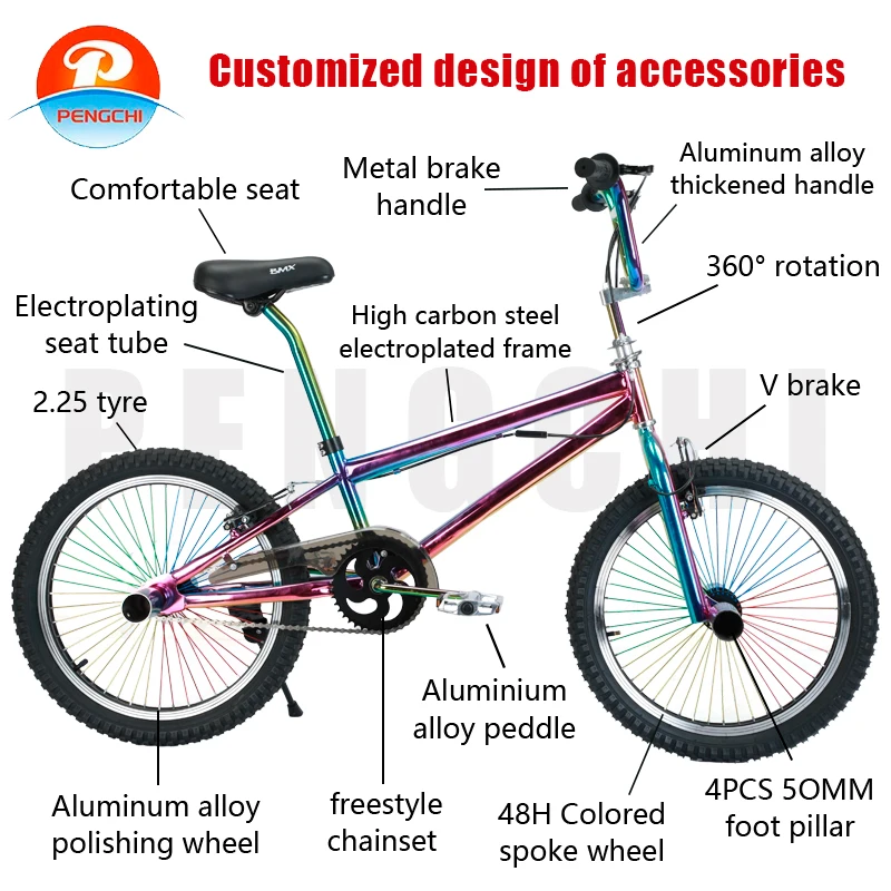 Pengchi factory wholesale 20 inch bicycle high carbon steel plated frame bicycle single speed adult competitive BMX