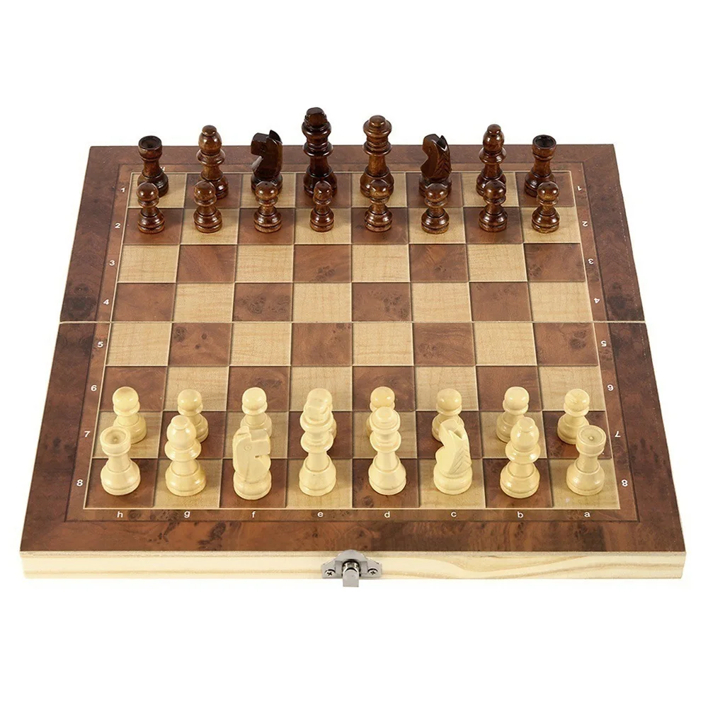 34CM 3-in-1 Folding Wooden Chess Checkers Backgammon Set for Competitive Play for Children Chess Board Game