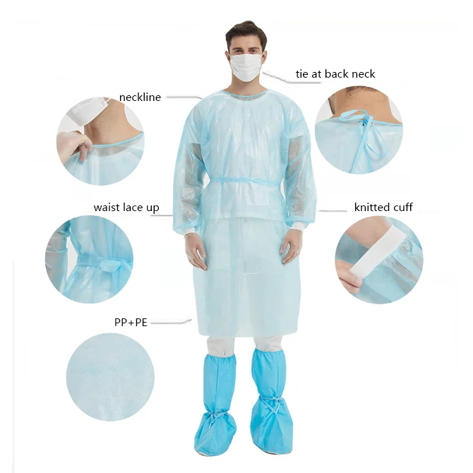 Wholesale Light Blue Knitted Cuffs PP+PE Disposable Clothes Medical Isolation Gown for Protective